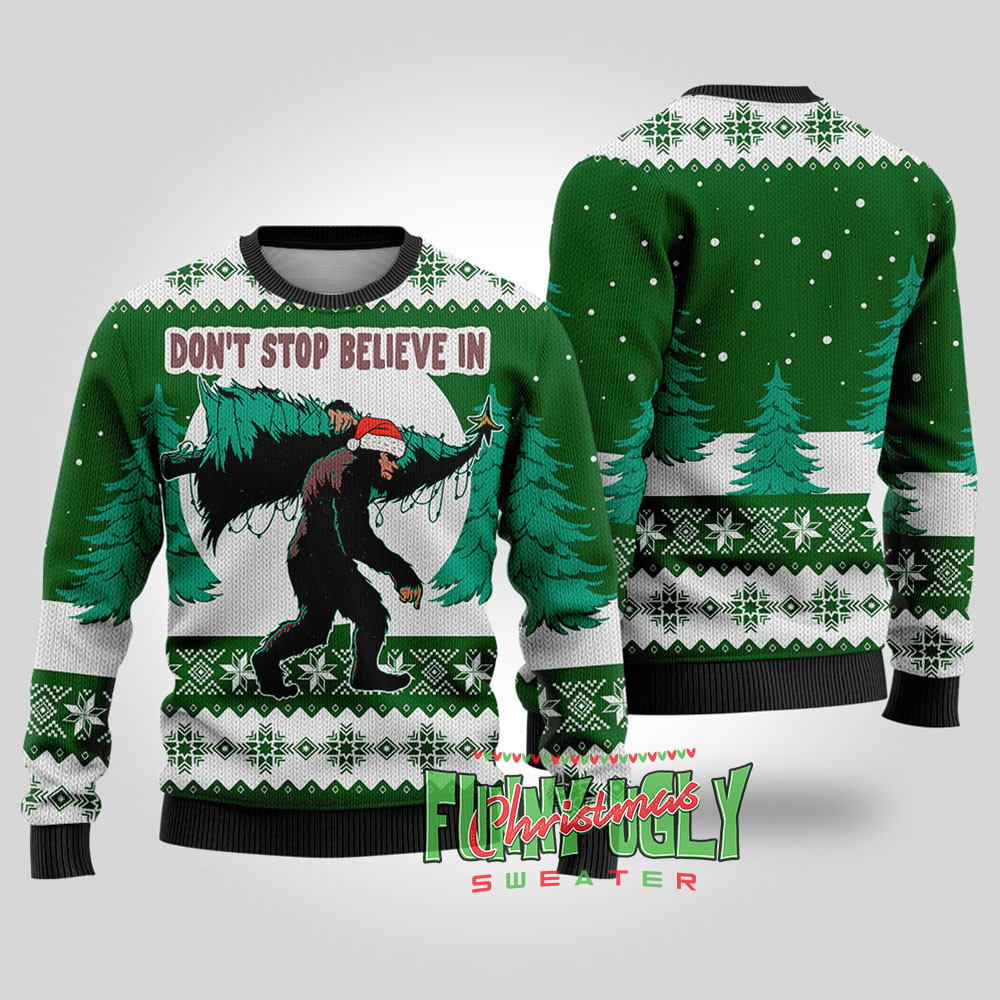 Funny Bigfoot Ugly Christmas Sweater Forest Green Heartwarming Christmas Gift Sweater for Him or Her