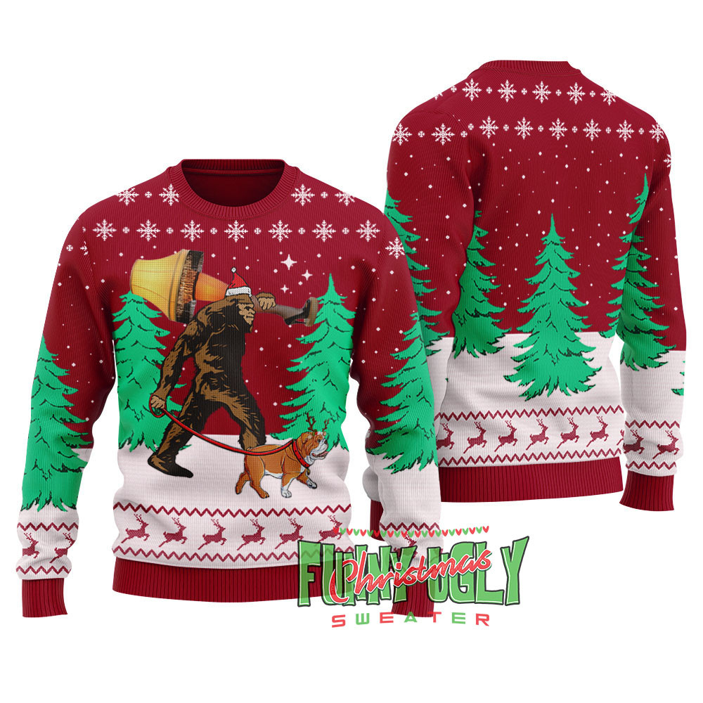 Funny Bigfoot Walking Bulldog Ugly Christmas Sweater Cardinal Red Christmas Merch Gift That Brings Joy and Warmth