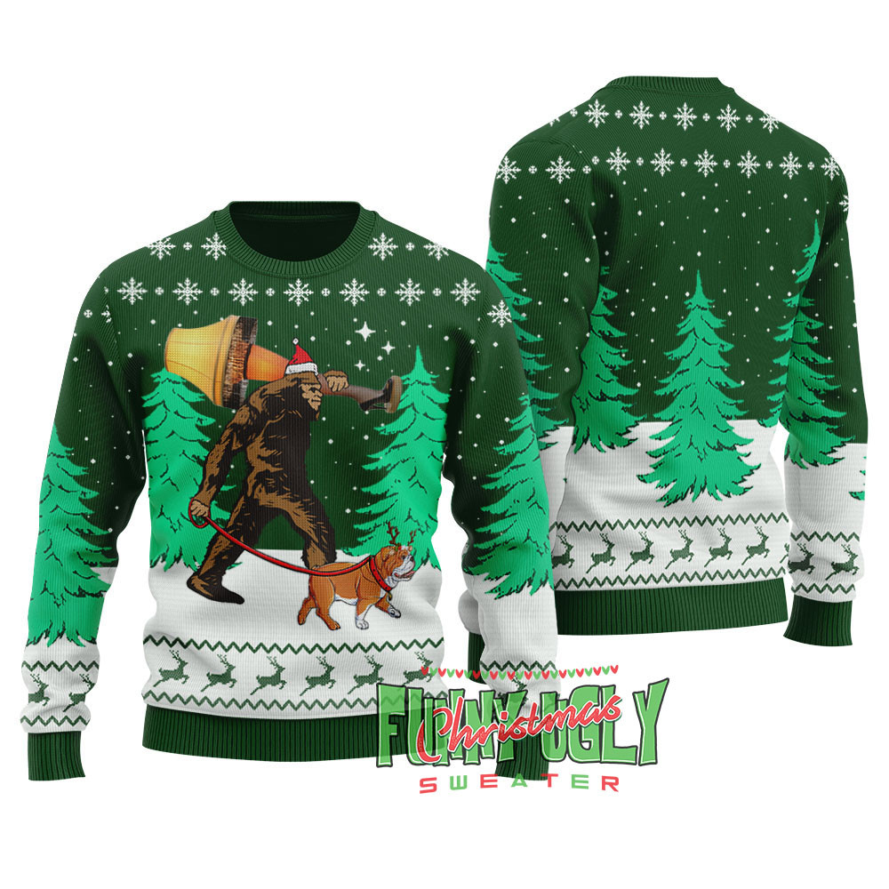 Funny Bigfoot Walking Bulldog Ugly Christmas Sweater Forest Green Soft Cotton Sweatshirt for Winter Comfort