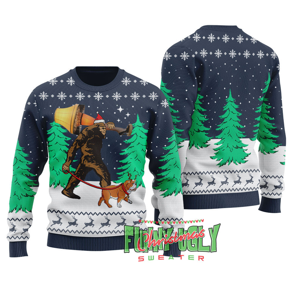 Funny Bigfoot Walking Bulldog Ugly Christmas Sweater Navy Christmas Merch Gift That Brings Joy and Warmth