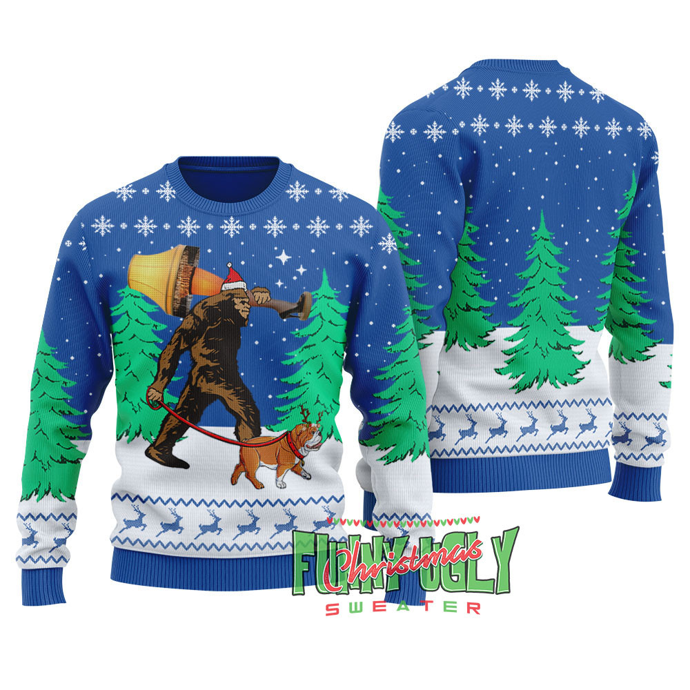 Funny Bigfoot Walking Bulldog Ugly Christmas Sweater Royal Funny Xmas Sweater for Ugly Sweater Parties