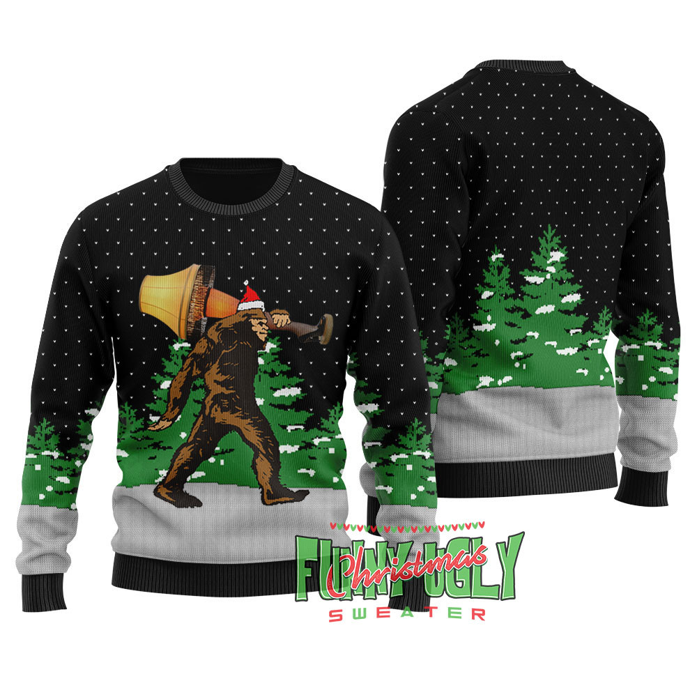 Funny Bigfoot With A Major Award Ugly Sweater Black Warm and Comfy Sweater for Winter Days