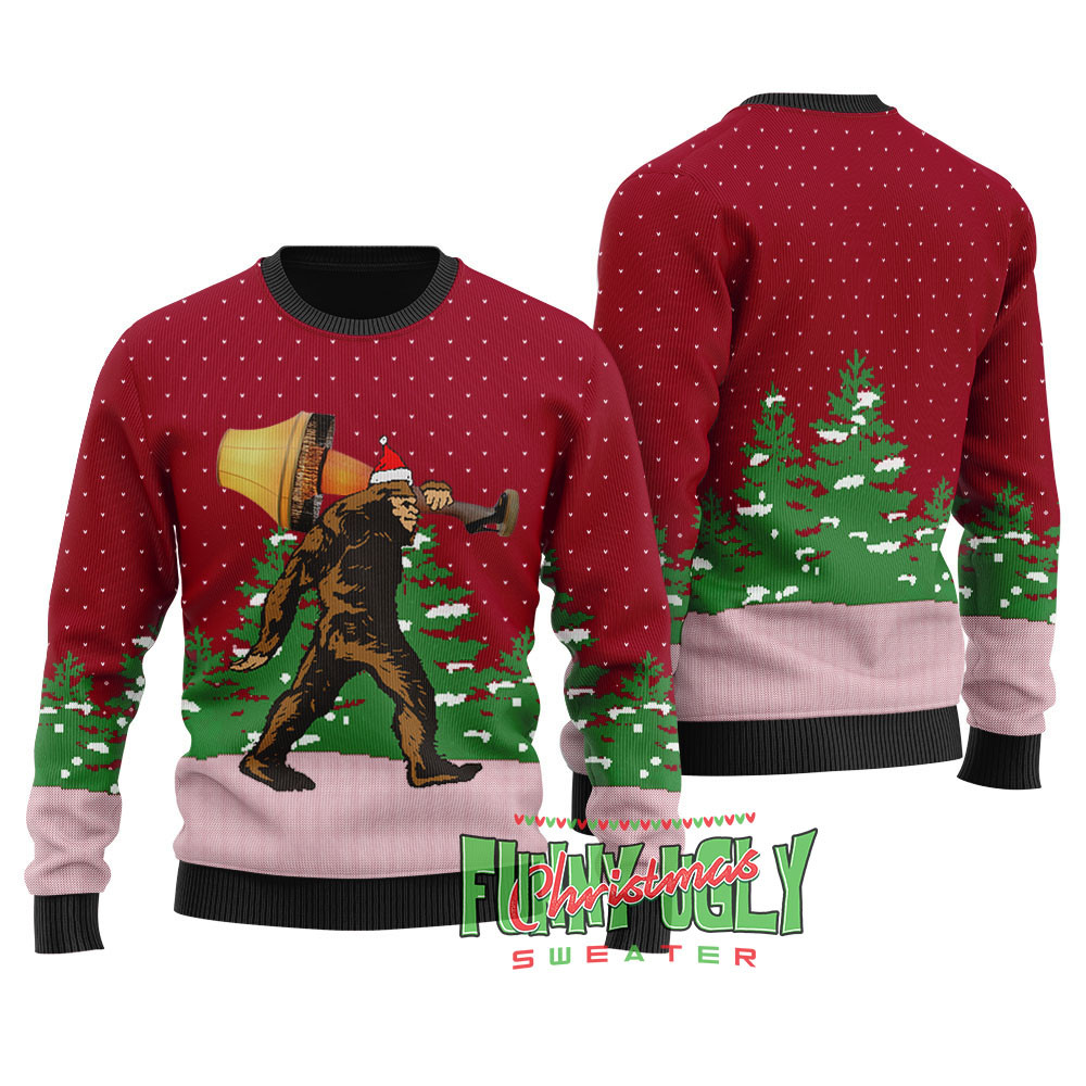 Funny Bigfoot With A Major Award Ugly Sweater Cardinal Red Festive Sweatshirt for Christmas Celebrations