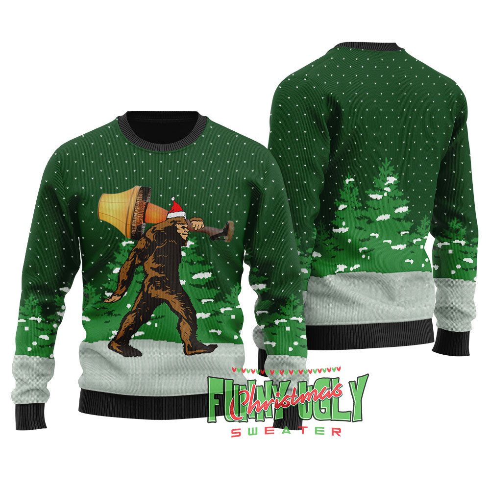 Funny Bigfoot With A Major Award Ugly Sweater Forest Green Trendy Christmas Sweater for Winter Outfits