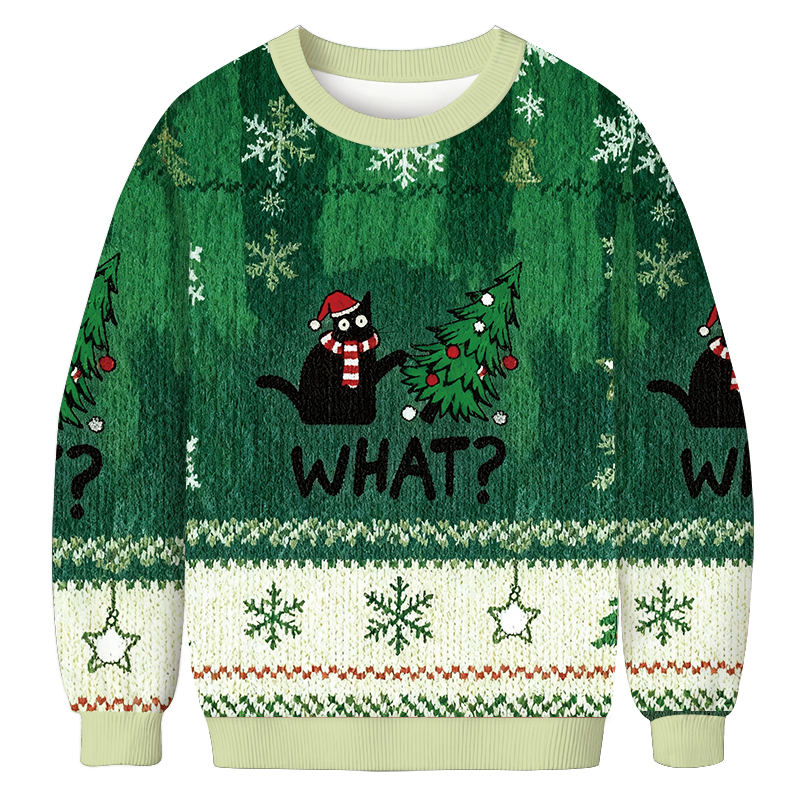 Funny Black Cat Meme Christmas Ugly Sweatshirt Holiday Lounge Wear Top Gift Ideas