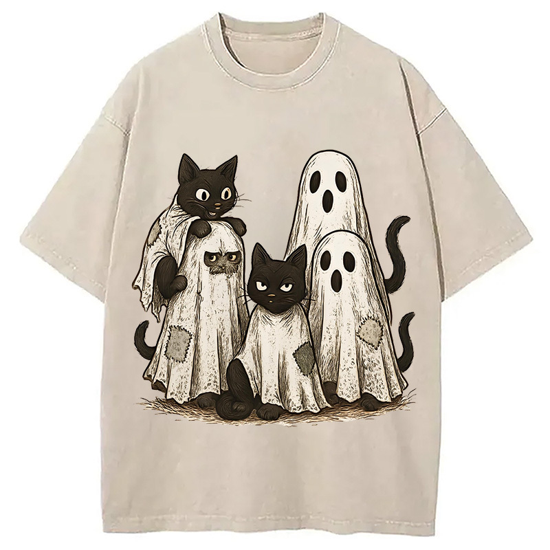 Funny Black Cats Ghost Washed T-Shirt Minimal Retro Graphic Clothing Gifts For Brother