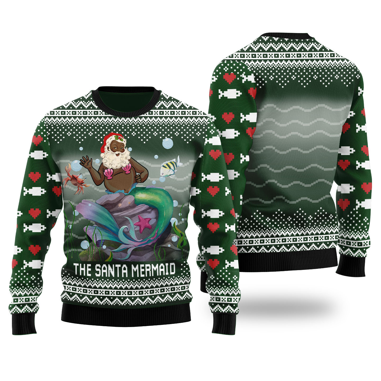 Funny Black Santa Mermaid Forest Green Ugly Christmas Sweaters Comfortable Holiday Sweater for Chilly Nights
