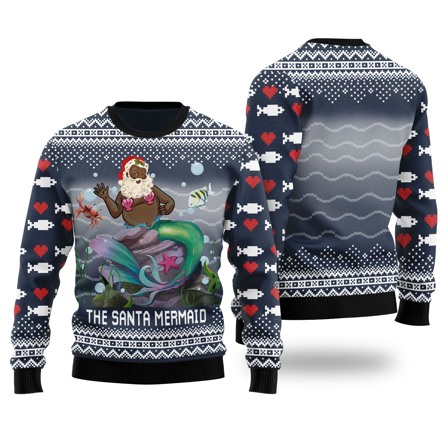 Funny Black Santa Mermaid Navy Ugly Christmas Sweaters Best Christmas Merch Gift for Family and Friends