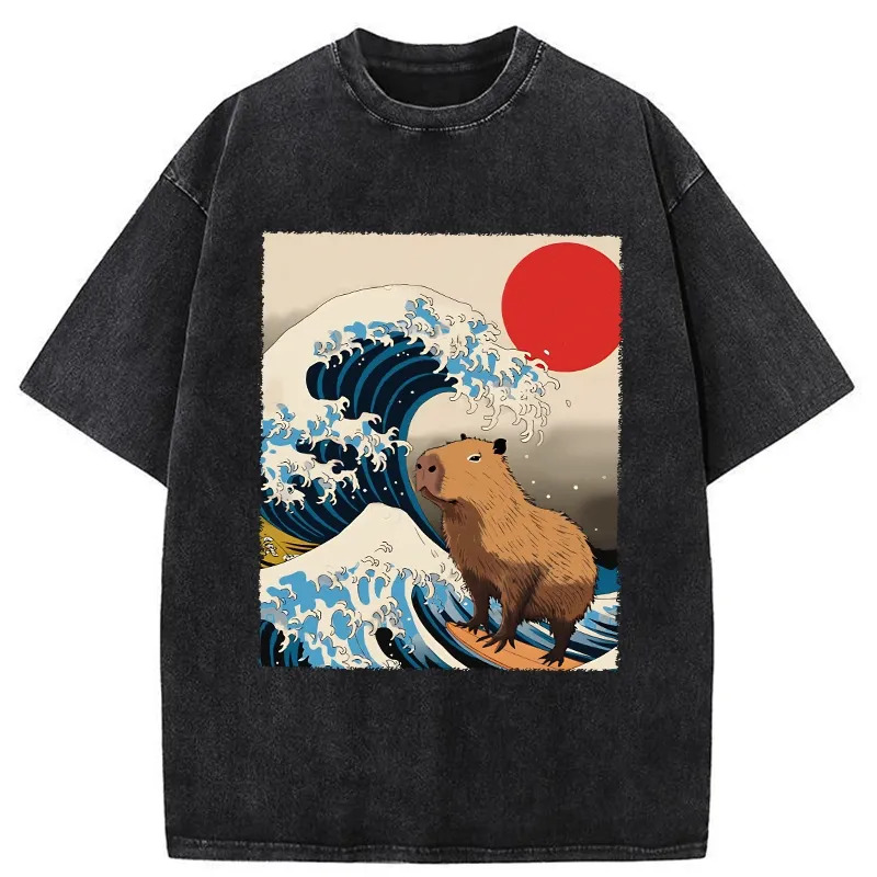 Funny Capybara Surfing Washed T-Shirt Soft Cotton Daily Wear Tee Gifts For Sister Funny Capybara Surfing Washed T-Shirt Soft Cotton Daily Wear Tee Gifts For Sister