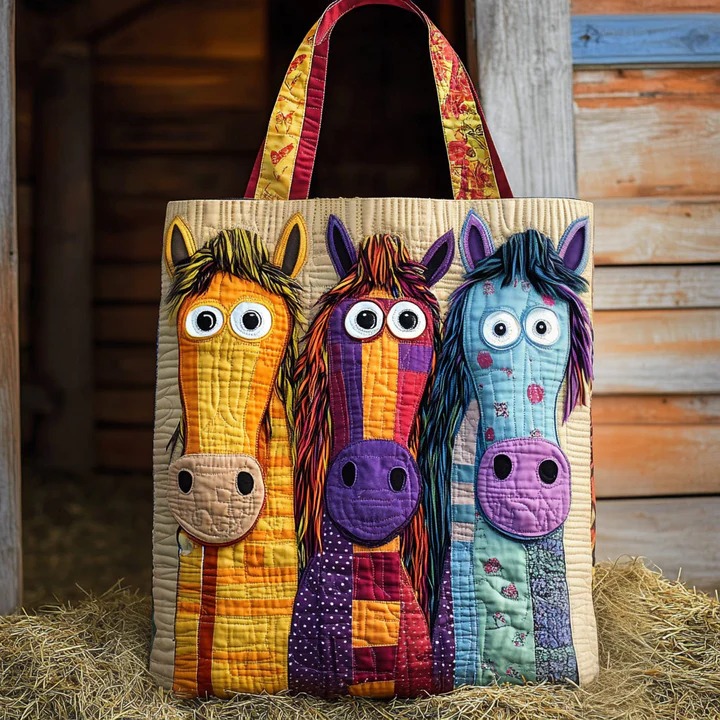 Funny Cartoon Horse Trio Quilted Tote Bag Western Farm Horse Lover Country Nature Gift For Mother