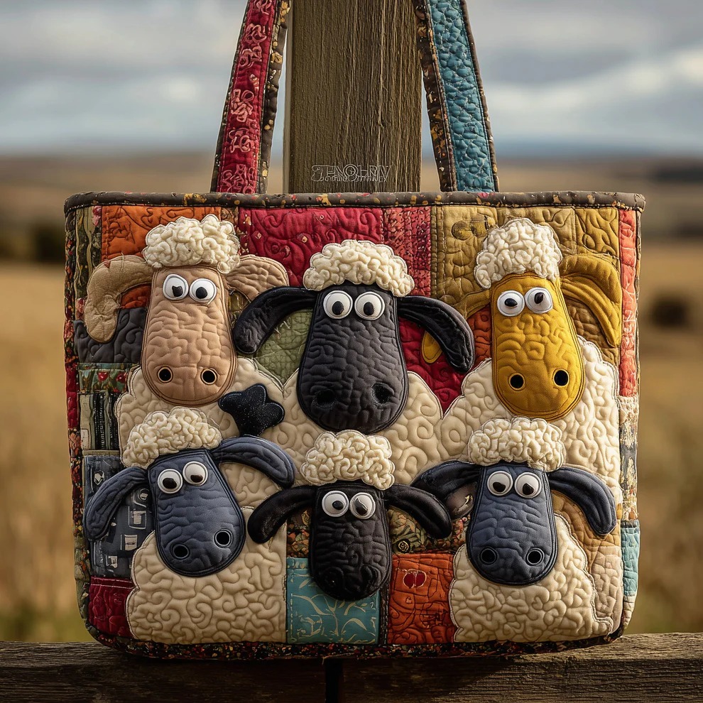 Funny Cartoon Sheep Patchwork Quilted Tote Bag Farm Animal Lover Unique Quirky Nature Gift For Mother