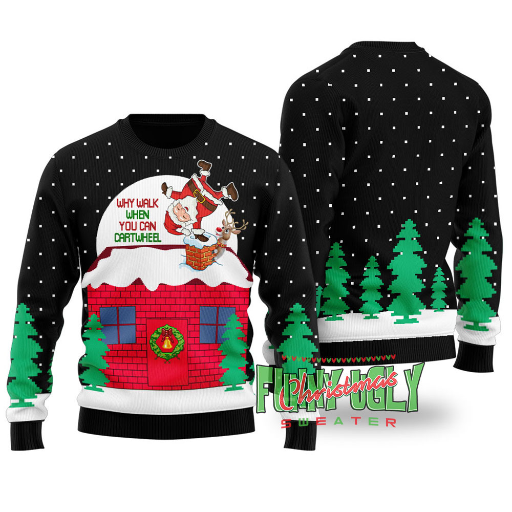 Funny Cartwheel Santa Ugly Christmas Sweater Black Trendy Winter Sweatshirt for Cozy Moments