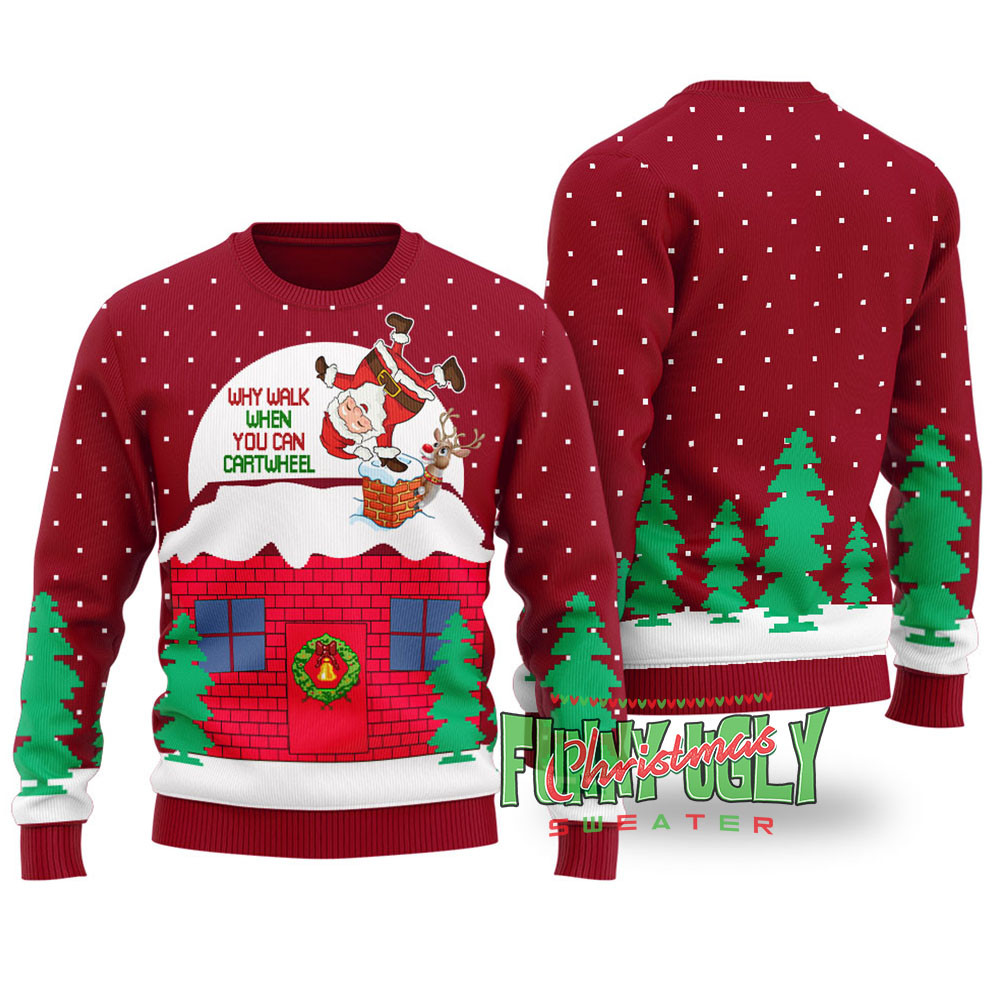Funny Cartwheel Santa Ugly Christmas Sweater Cardinal Red Cute Holiday Sweatshirt to Spread Joy
