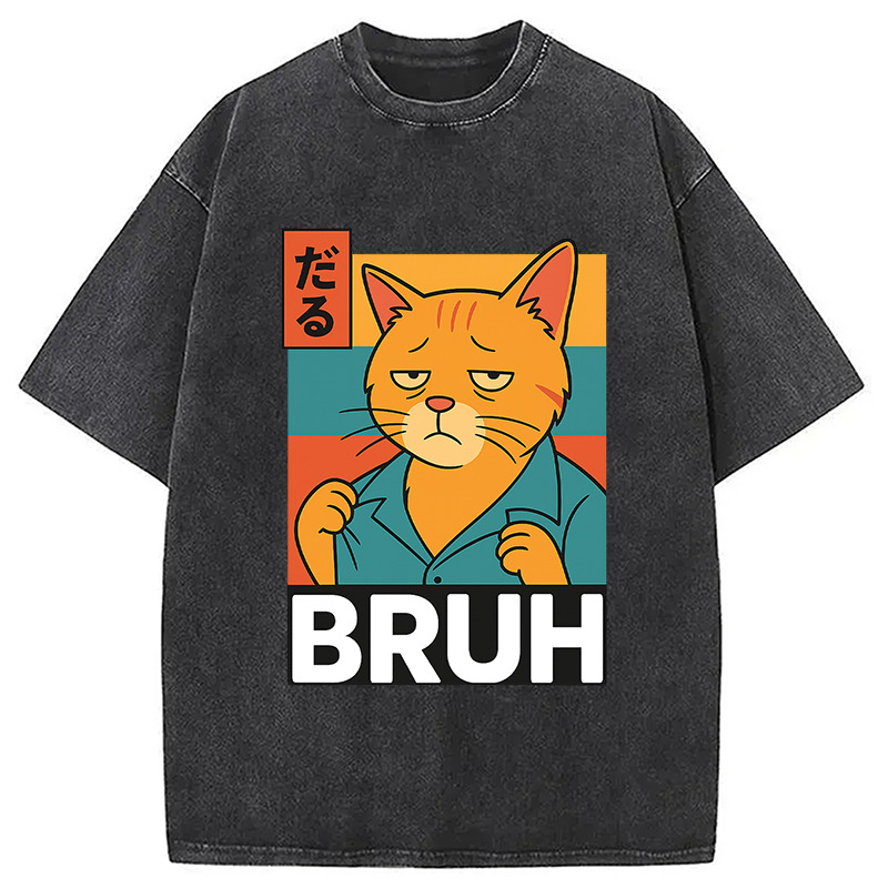 Funny Cat Bruh Meme Washed T-Shirt Retro Humor Graphic Top Gifts For Brother