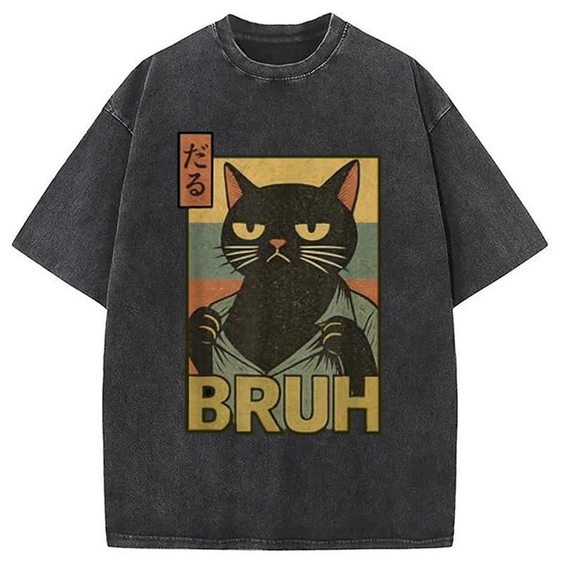 Funny Cat Bruh Washed T-Shirt Unique Aesthetic Fashion Tee Gifts For Best Friend