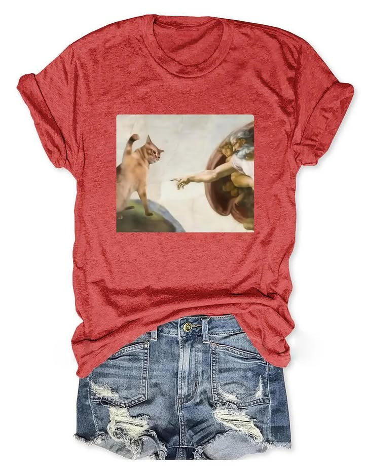 Funny Cat Creation T-Shirt Meme Art Parody Michelangelo Graphic Tees Gifts For Her