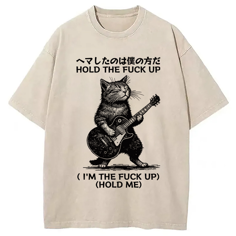 Funny Cat Guitarist Washed T-Shirt Funny Aesthetic Trendy Apparel Gifts For Besties