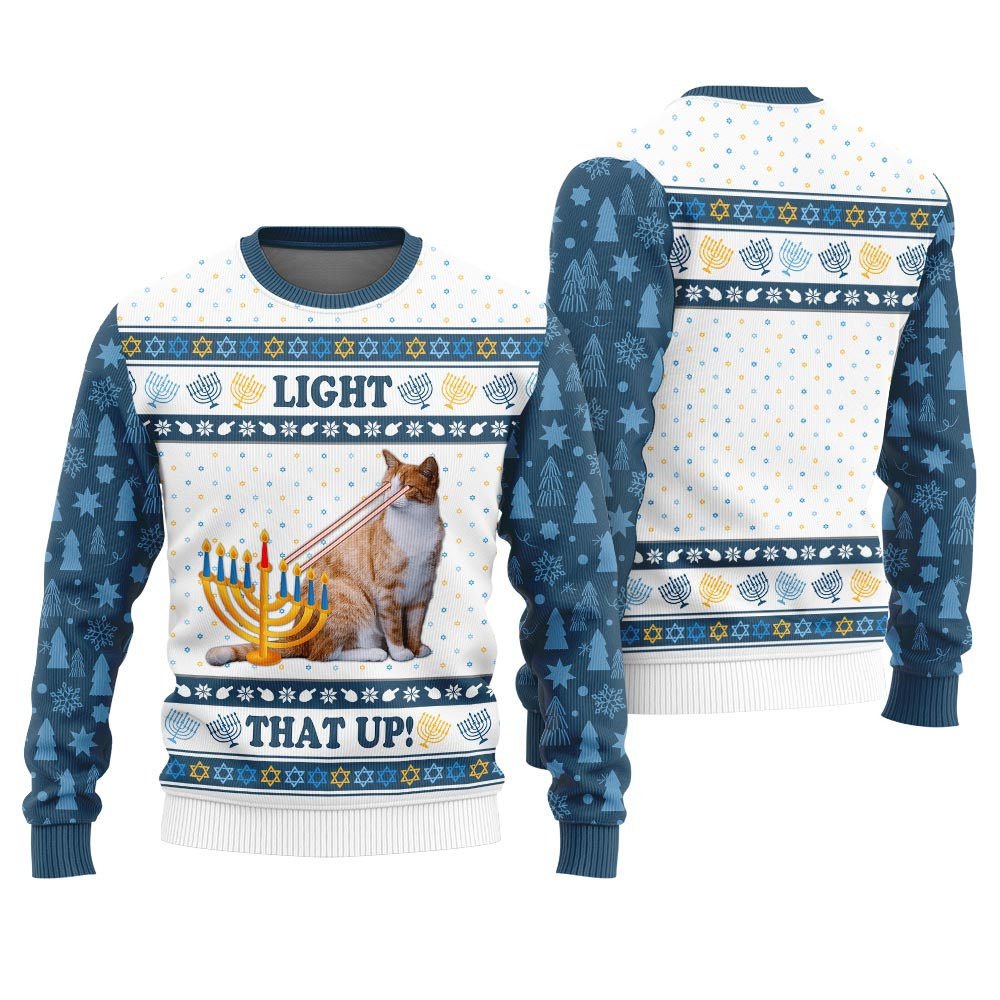 Funny Cat Hanukkah Light Up Sweater Comfortable Holiday Sweater for Chilly Nights