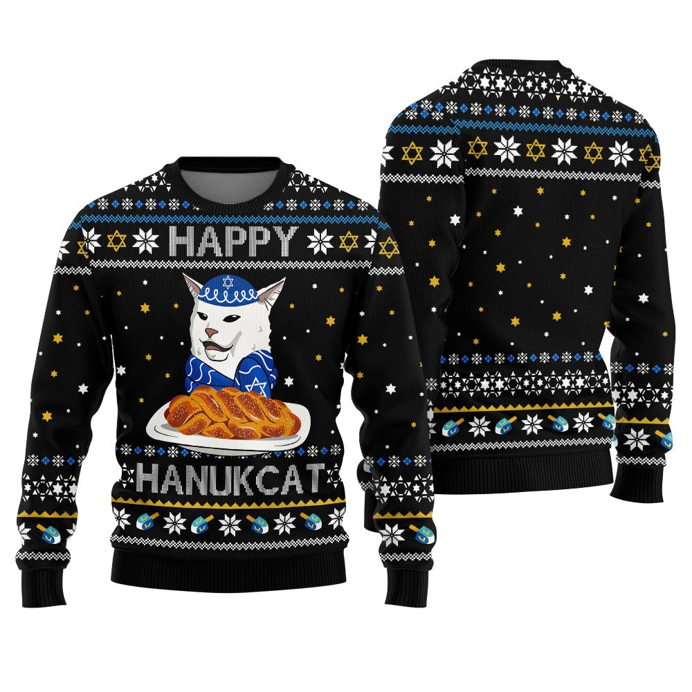 Funny Cat Happy Hanukkah Ugly Sweater Black Special Merch Gift Idea for Festive Celebrations
