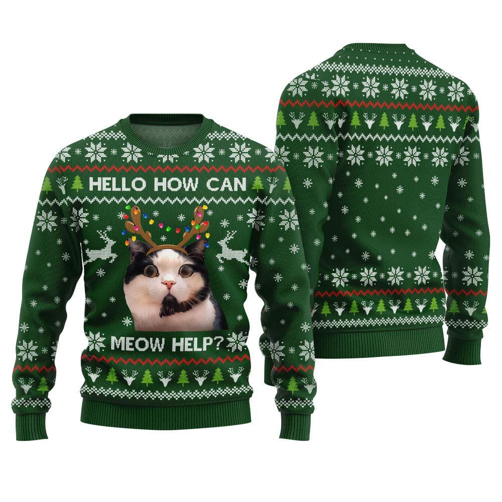 Funny Cat Holiday Sweater Hello How Can Meow Help Seasonal Gift Merch for Cozy Christmas Vibes