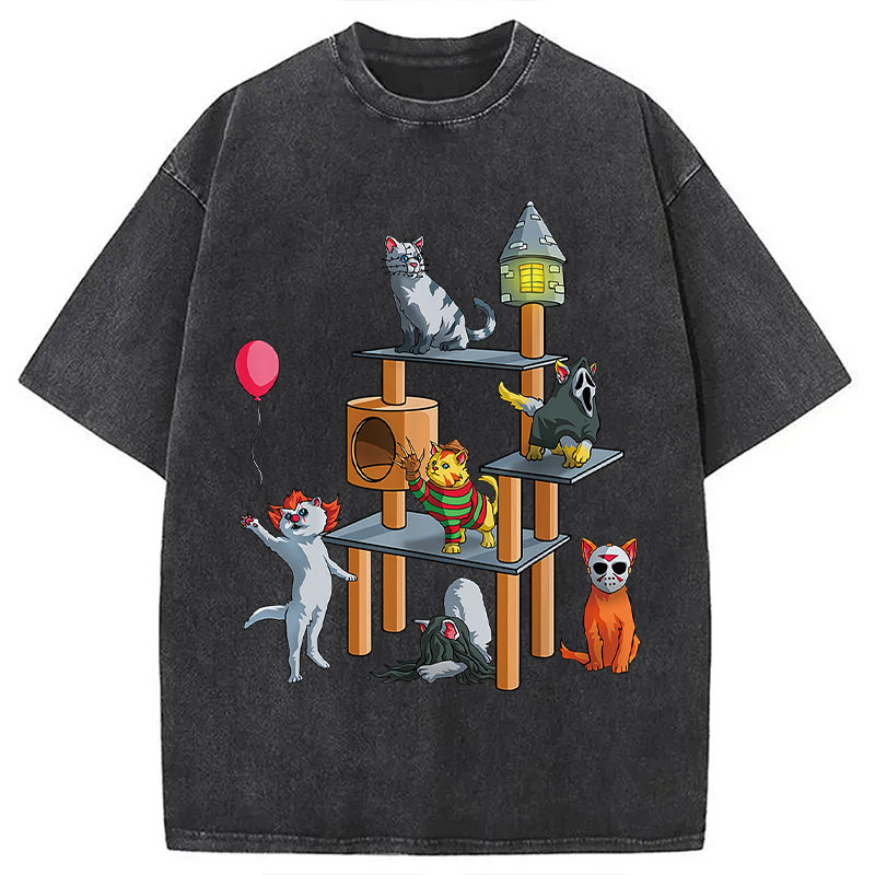 Funny Cat Horror Movies Cute Halloween Washed T-Shirt Trendy Aesthetic Graphic Apparel Gifts For Him