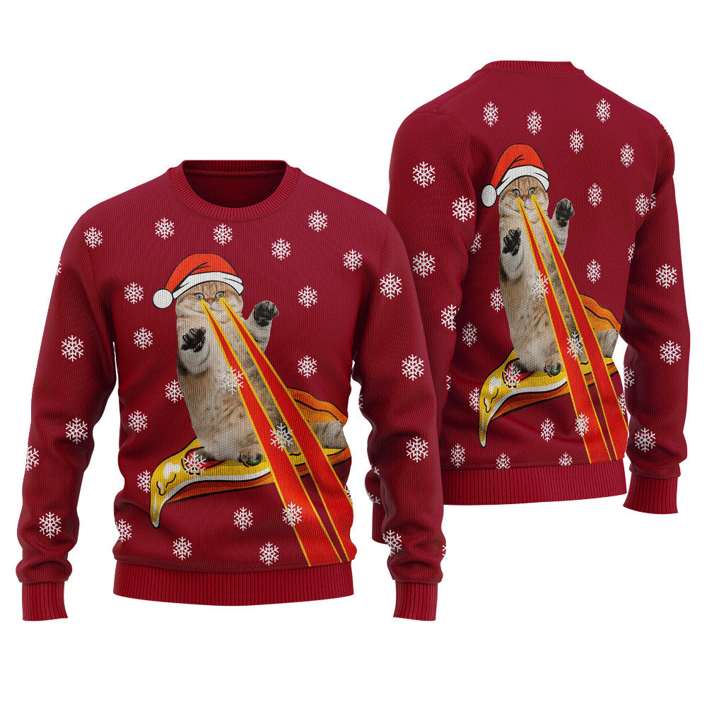 Funny Cat Laser Eyes Pizza Ugly Christmas Sweater Cardinal Red Custom Holiday Sweater Merch That Warms the Heart