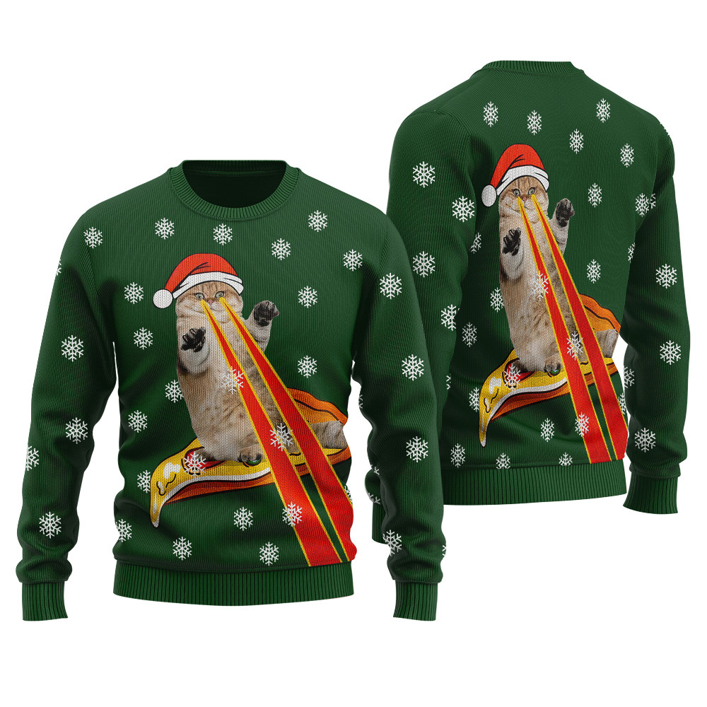 Funny Cat Laser Eyes Pizza Ugly Christmas Sweater Forest Green Thoughtful Winter Gift Merch for Special Moments
