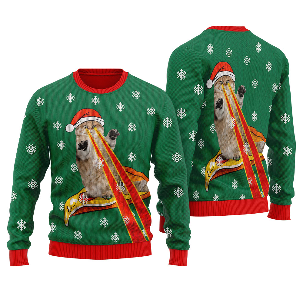 Funny Cat Laser Eyes Pizza Ugly Christmas Sweater Merry Christmas Sweatshirt for Holiday Fun