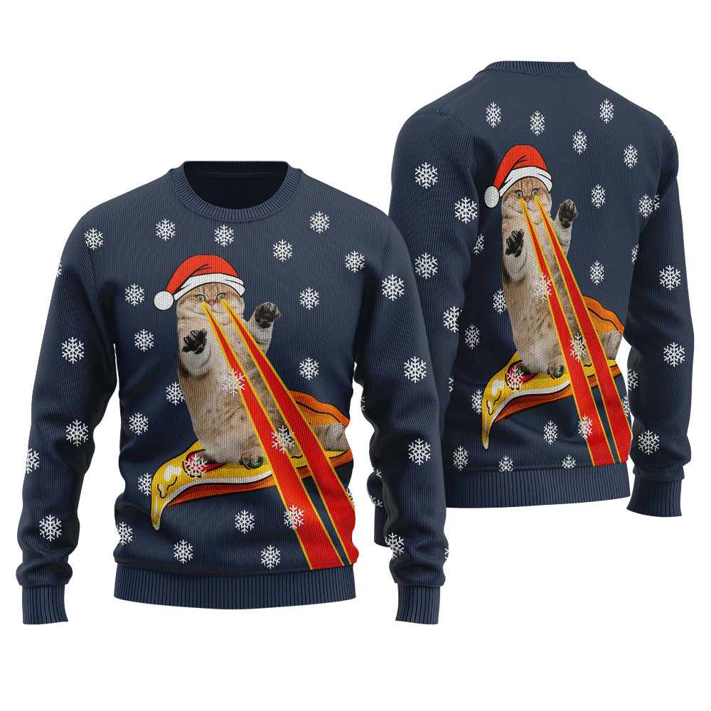 Funny Cat Laser Eyes Pizza Ugly Christmas Sweater Navy Holiday Merch That Makes a Perfect Christmas Gift