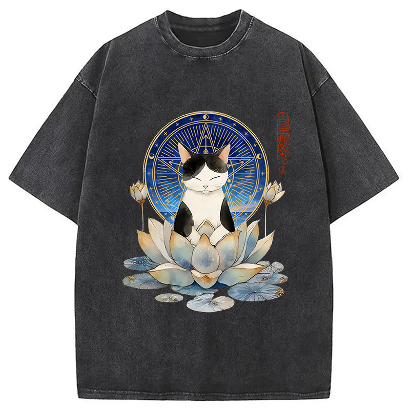Funny Cat Lotus Zen Auspiciousness Washed T-Shirt Casual Vintage Everyday Look Gifts For BFF