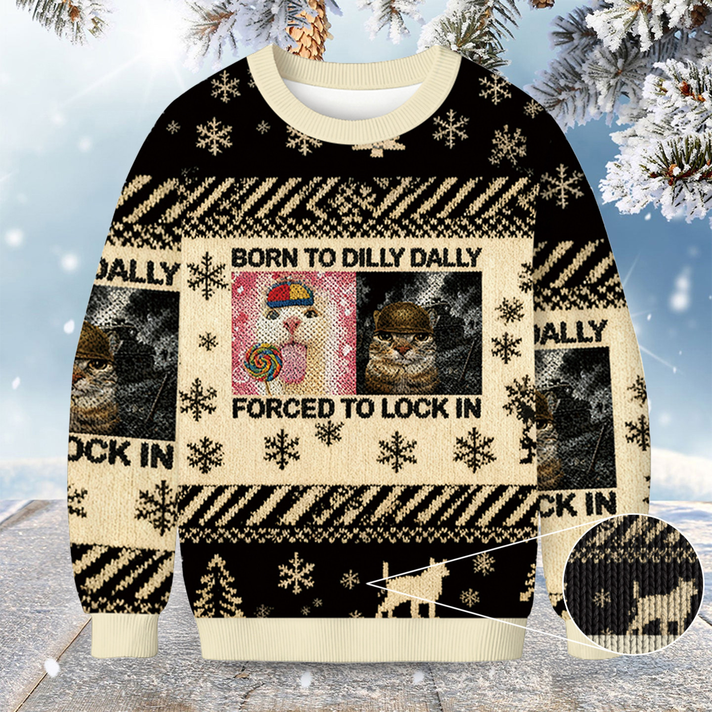 Funny Cat Meme Born To Dilly Dally Christmas Ugly Sweater Winter Clothing Meme Lover Gifts
