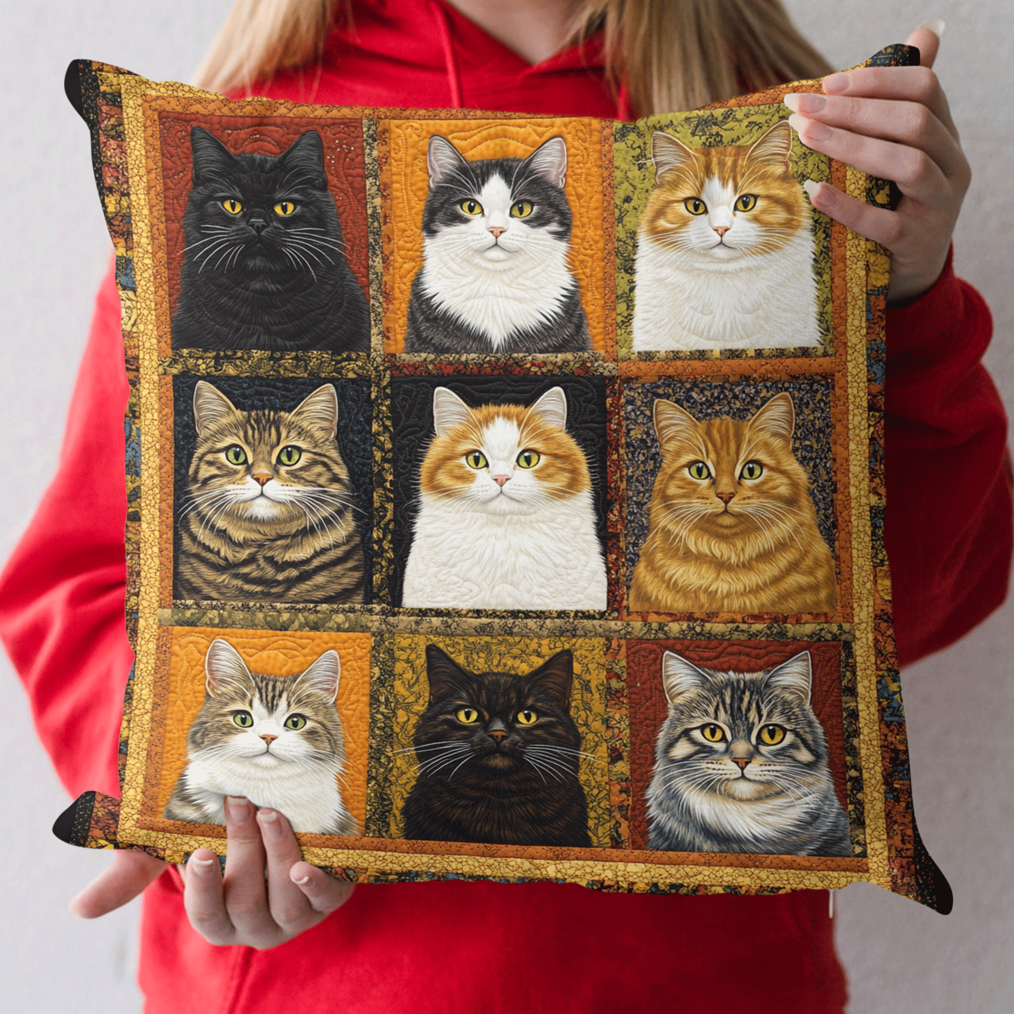 Funny Cat Patchwork Quilted Pillow Case Christmas Pillow Cover Gift Idea