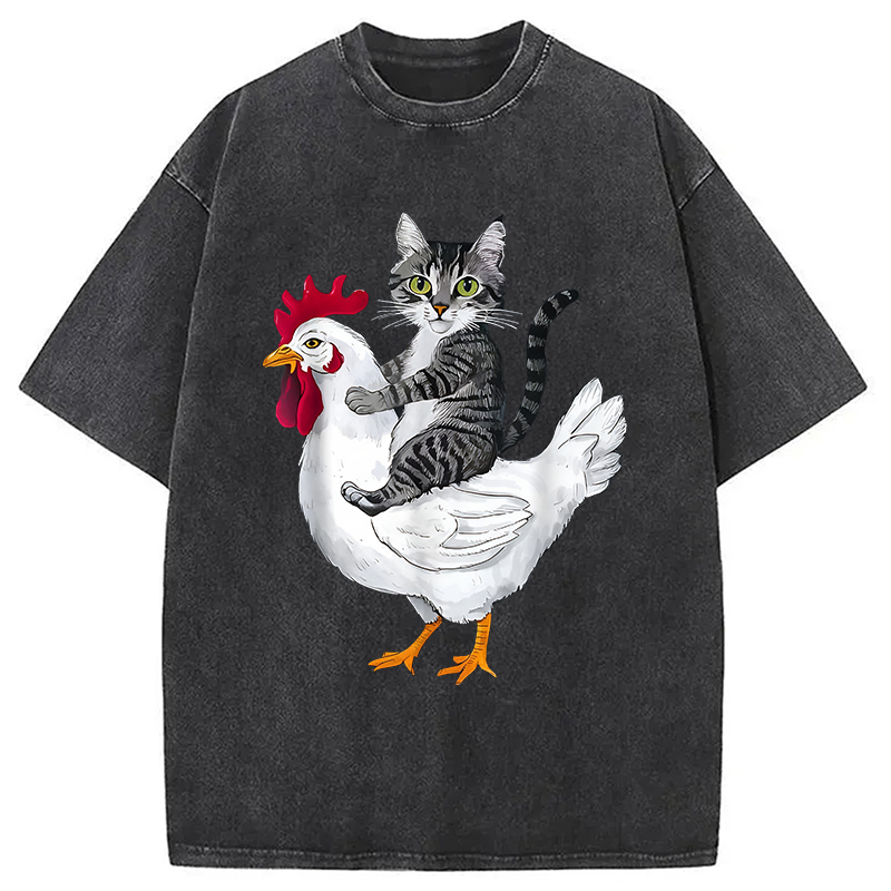 Funny Cat Riding Chicken Washed T-Shirt Minimal Retro Graphic Clothing Gifts For BFF