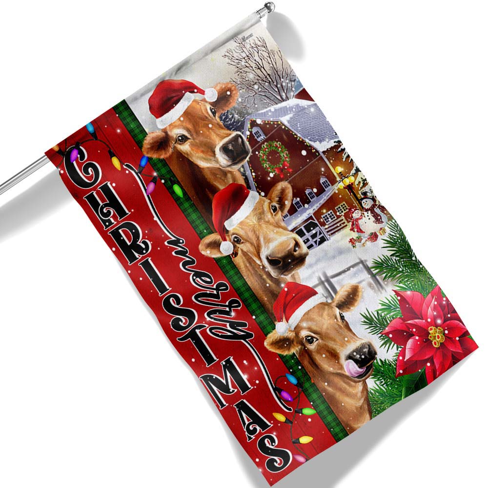 Funny Cattle Cow In Farm Merry Christmas Flag