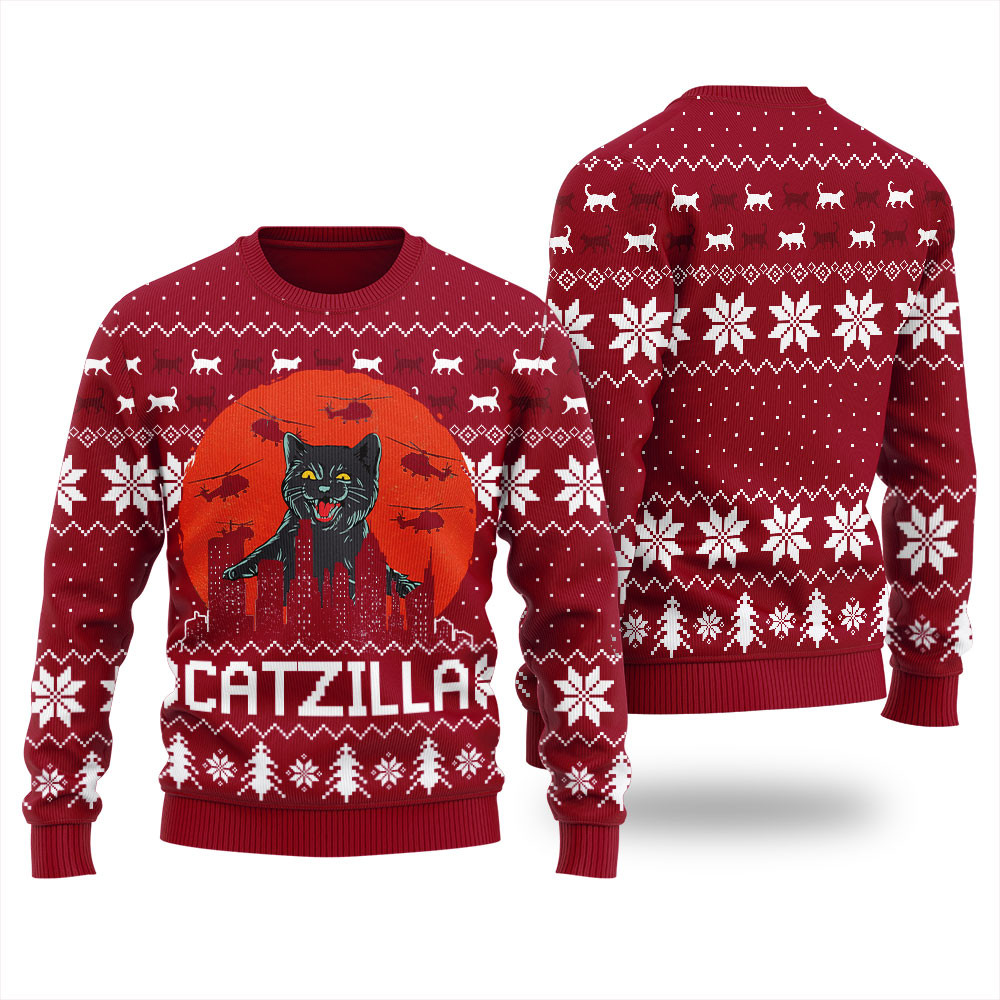 Funny Catzilla Happy Halloween Ugly Sweater Custom Holiday Sweater Merch That Warms the Heart