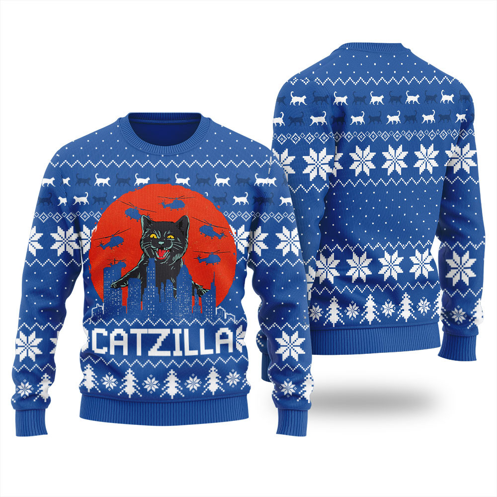 Funny Catzilla Happy Halloween Ugly Sweater For Women Perfect Holiday Gift Merch for Sweater Lovers