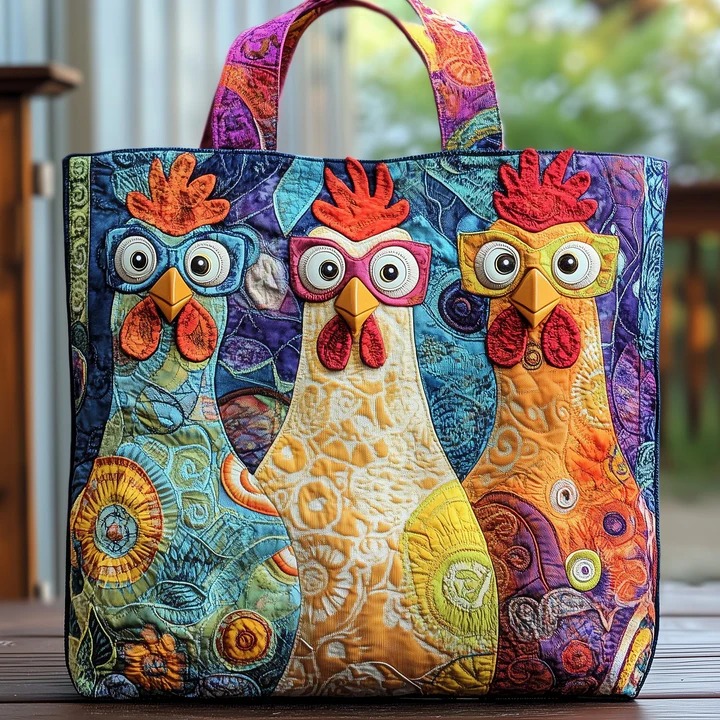 Funny Chicken With Glasses Quilted Tote Bag Farm Animal Lover Quirky Colorful Nature Gift For Mother