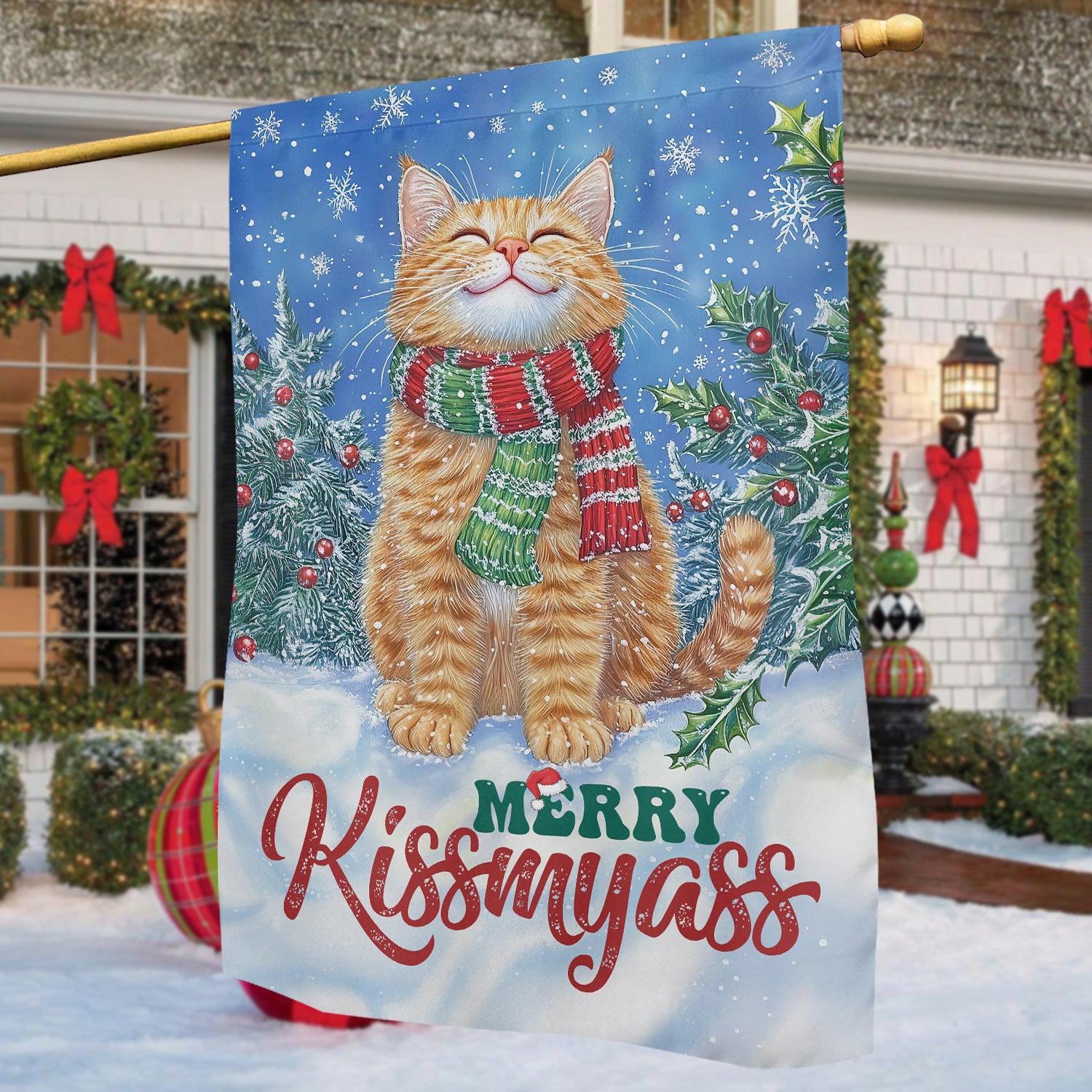 Funny Christmas Cat Garden House Flag Merry Kissmyass Yard Flag Xmas Gift For Cat Lovers