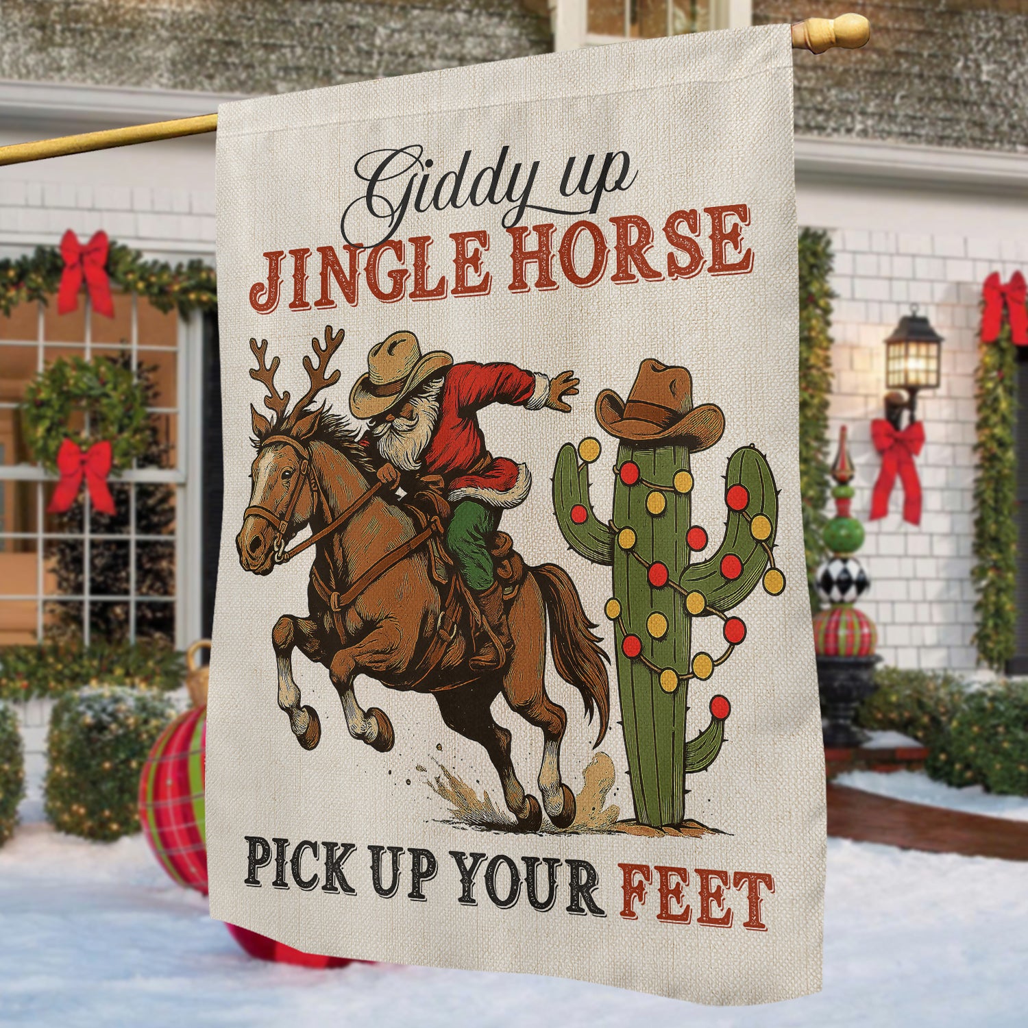 Funny Christmas Cowboy Flag Giddy Up Jingle Horse Christmas Decor Gift For Cowboys