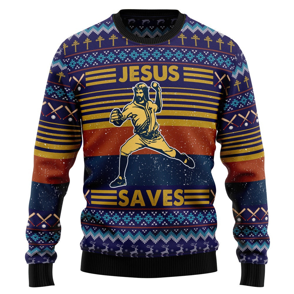 Funny Christmas Sweater Baseball Jesus Save Ugly Christmas Sweater Best Secret Santa Gifts