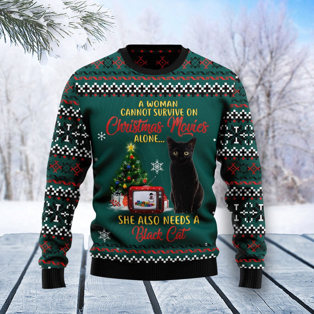 Funny Christmas Sweater Black Cat Christmas Movie Ugly Christmas Sweater Holiday Gift Ideas