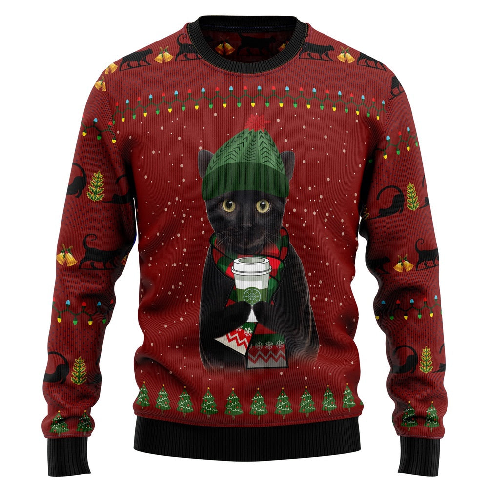 Funny Christmas Sweater Black Cat Coffee Ugly Christmas Sweater Holiday Gift Ideas