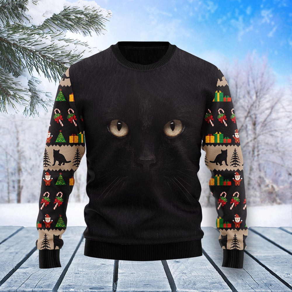 Funny Christmas Sweater Black Cat Cute Face Ugly Christmas Sweater Holiday Gift Ideas