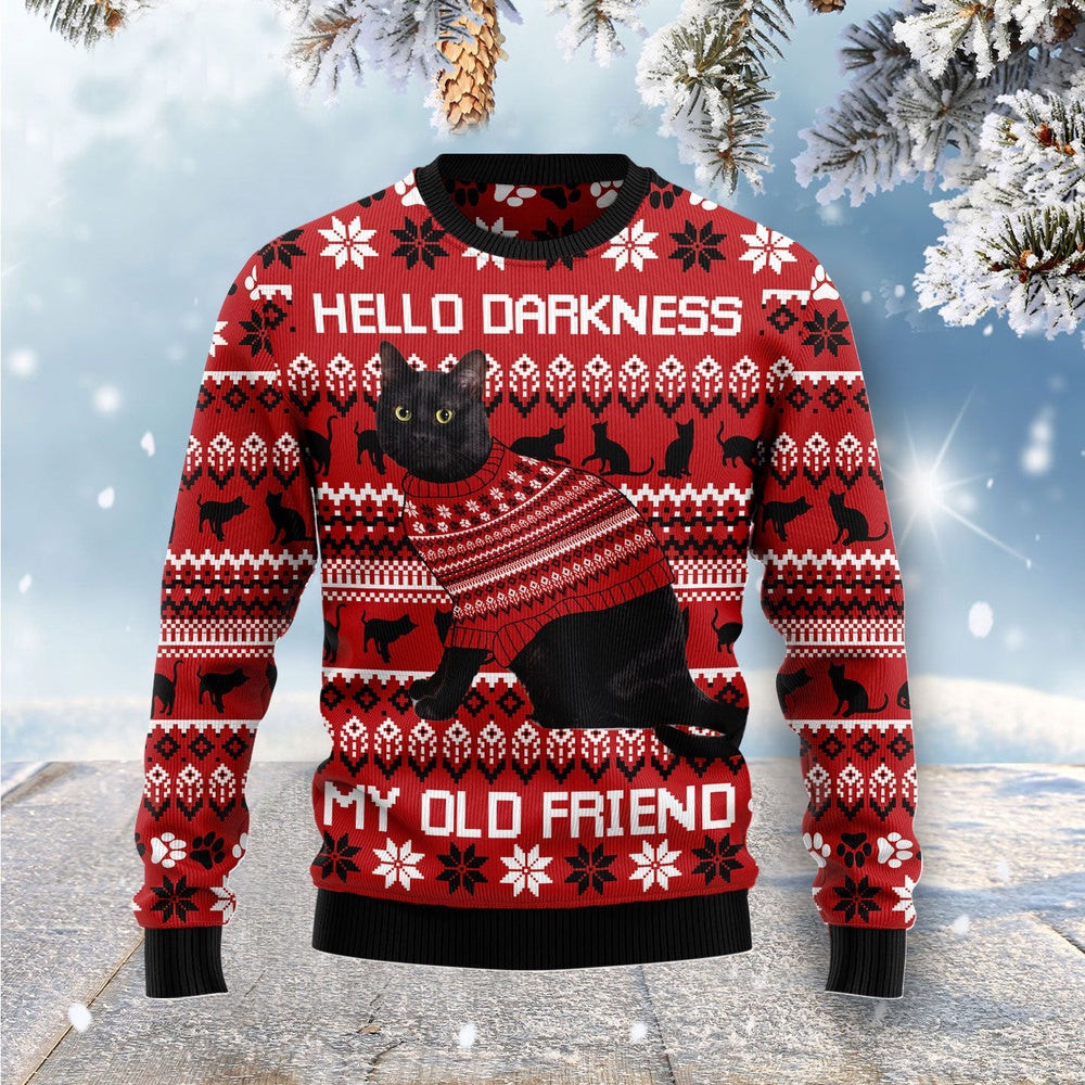 Funny Christmas Sweater Black Cat Hello Darkness My Old Friend Ugly Christmas Sweater Holiday Gift Ideas