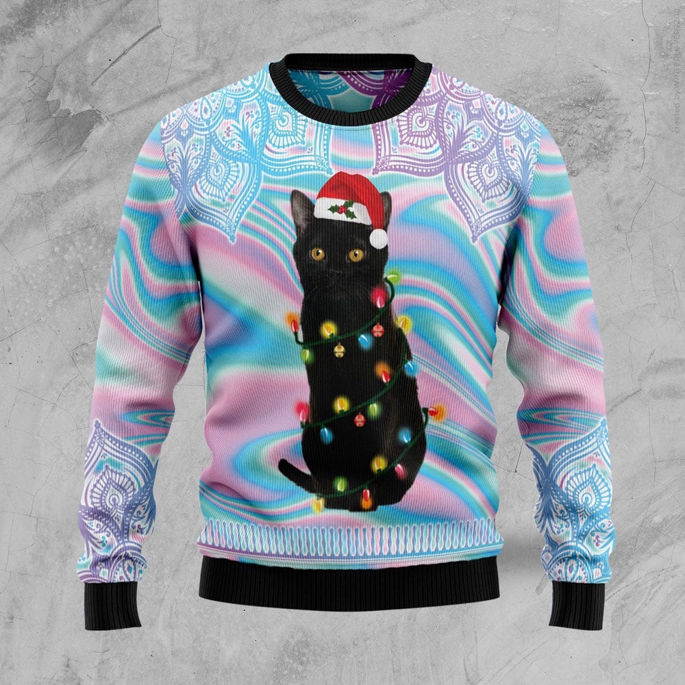 Funny Christmas Sweater Black Cat Hologram Pattern Ugly Christmas Sweater Holiday Gift Ideas