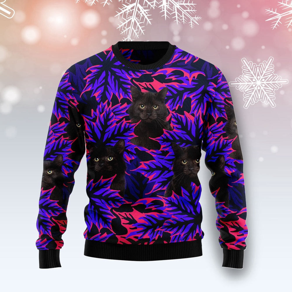 Funny Christmas Sweater Black Cat Leaves Ugly Christmas Holiday Sweater Gifts Holiday Gift Ideas