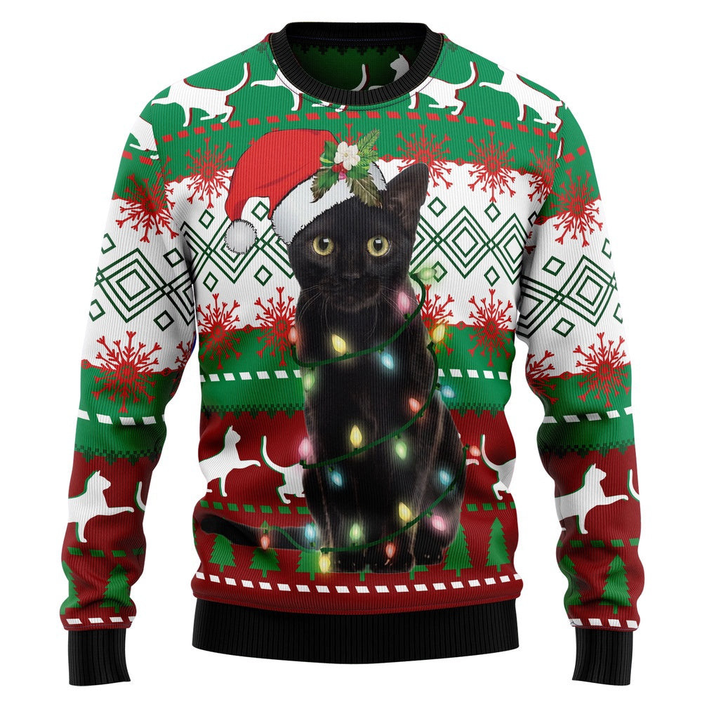 Funny Christmas Sweater Black Cat Light Christmas Ugly Christmas Sweater Holiday Gift Ideas