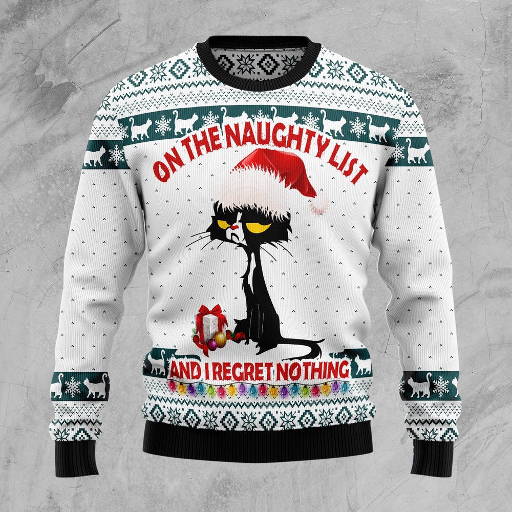 Funny Christmas Sweater Black Cat Naughty List Ugly Christmas Sweater Holiday Gift Ideas