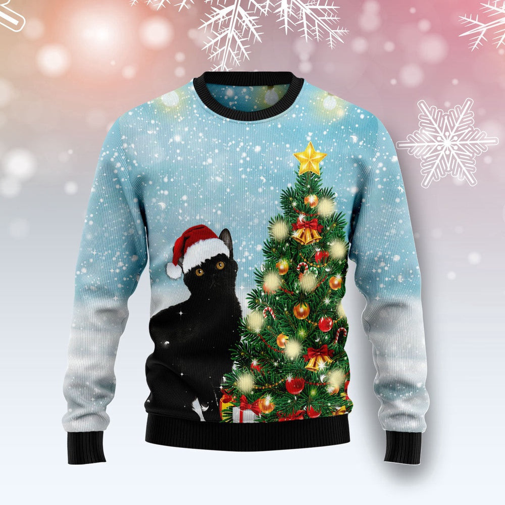 Funny Christmas Sweater Black Cat Noel Tree Ugly Christmas Sweater Holiday Gift Ideas