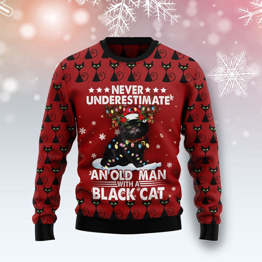Funny Christmas Sweater Black Cat Old Man Ugly Christmas Sweater Holiday Gift Ideas